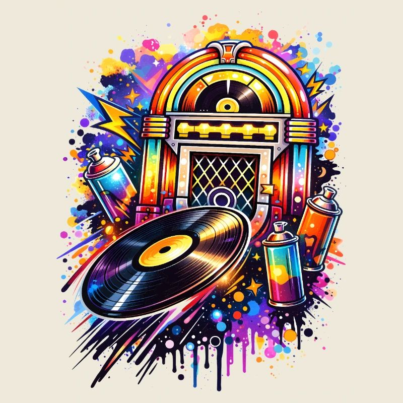 Bunte Jukebox im Graffiti-Style mit Schallplatte