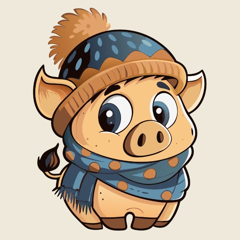 Cute pig with scarf and bobble hat.