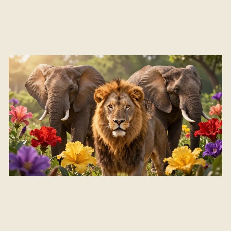 Des lions et des éléphants dans le champ de fleurs