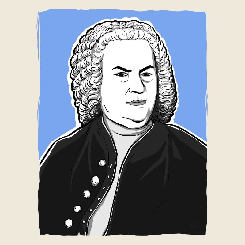 Johann Sebastian Bach in schwarz weiß und blau
