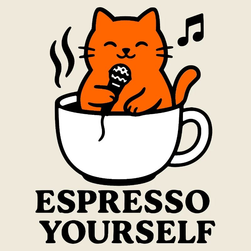 Chat rouge, tasse à expresso, café, chant, express