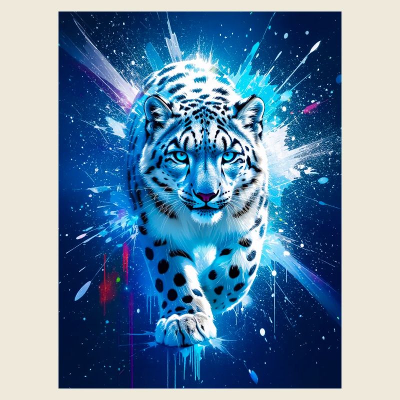 A snow leopard glows amid icy blue and silver star