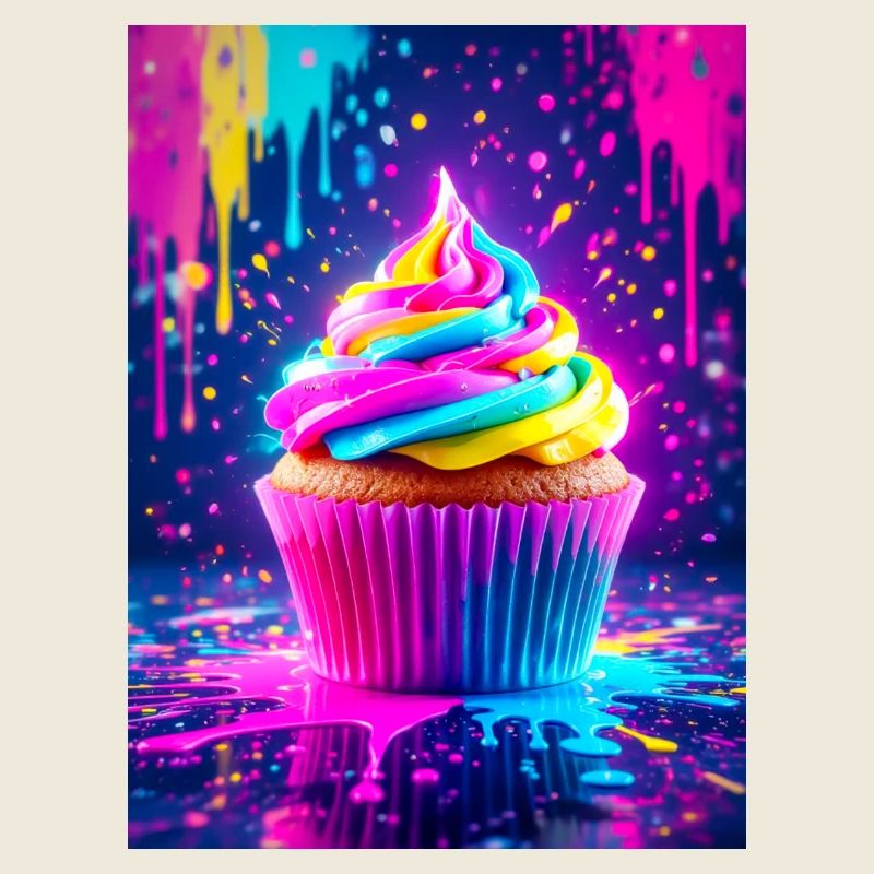 Sweet neon cupcake shining with colorful pop-art