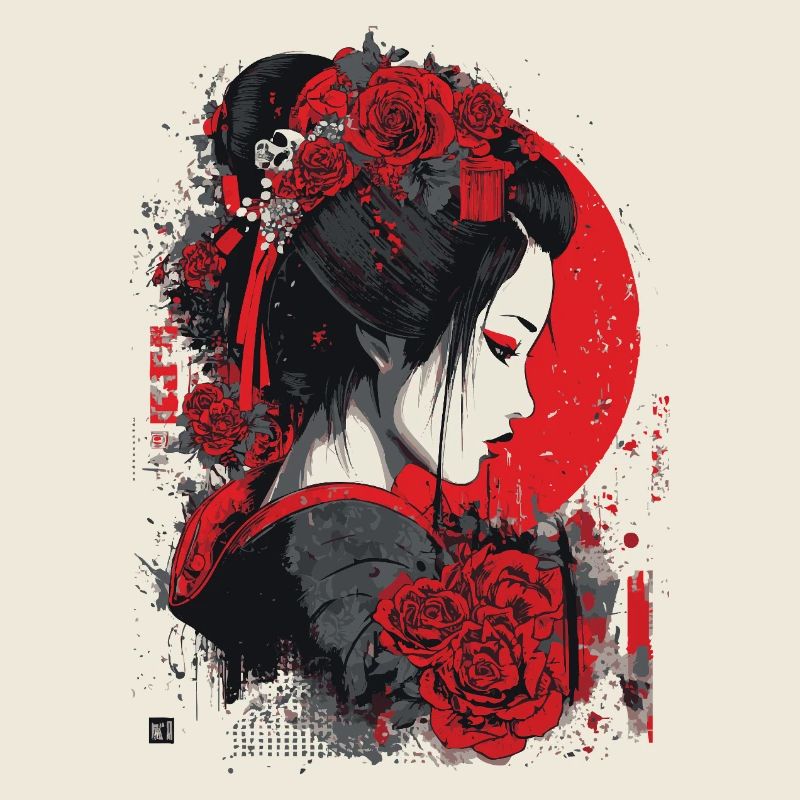 Geisha with red roses