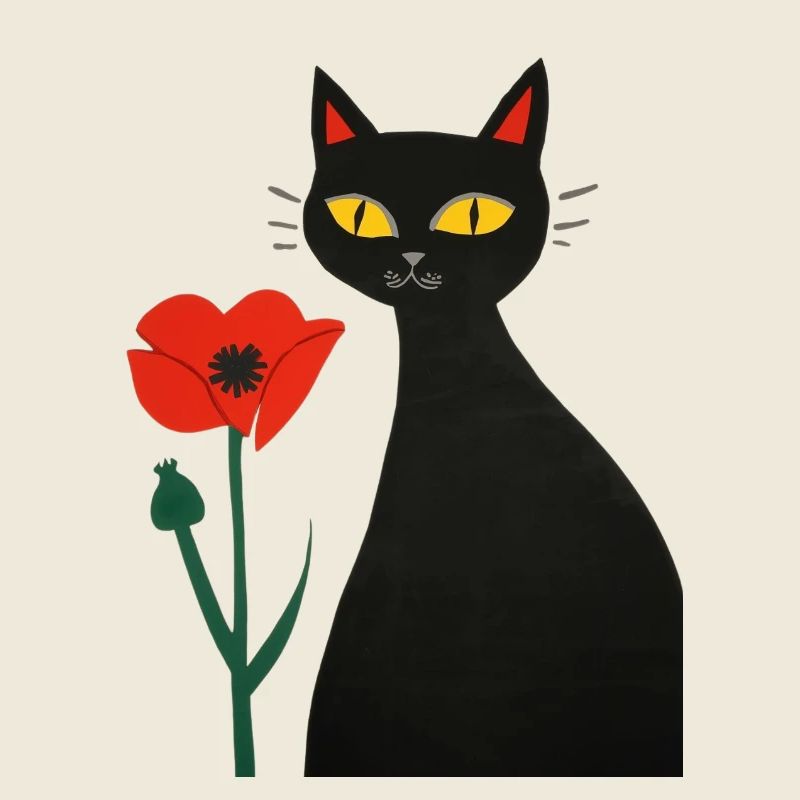 Chat noir avec des coquelicots
