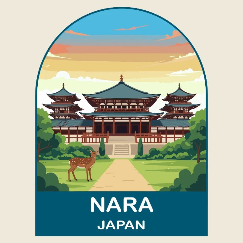 Nara Japan Tempel und Hirsch Vintage Reisekunst