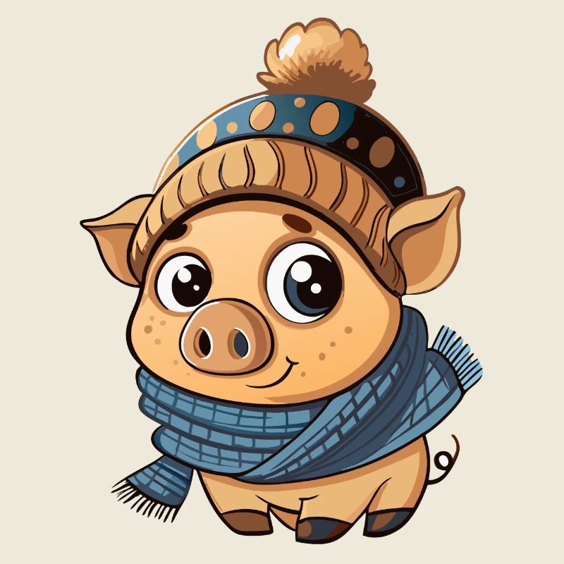 Mignon cochon avec écharpe et chapeau à pompon.