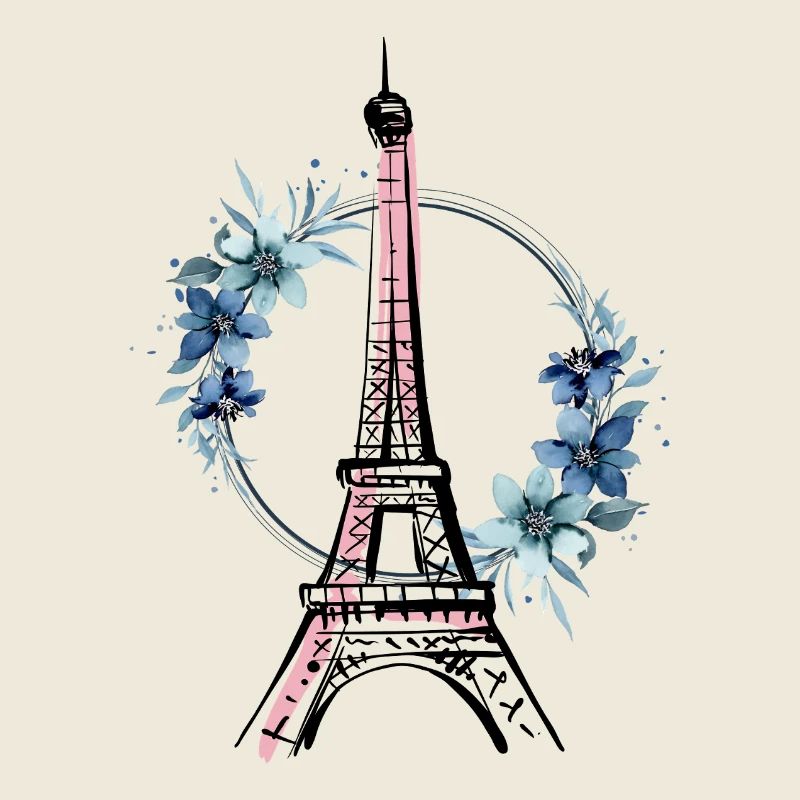 Paris Eiffelturm Frankreich Blumen Line Art Kunst