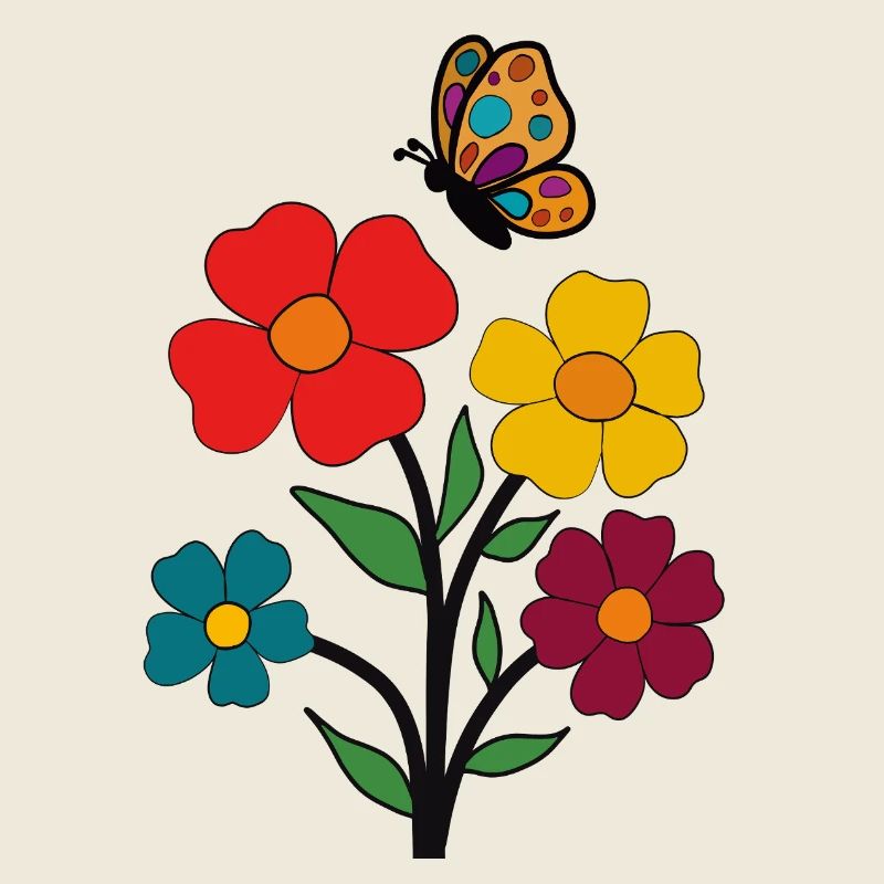 Fleurs colorées et papillon vibrant