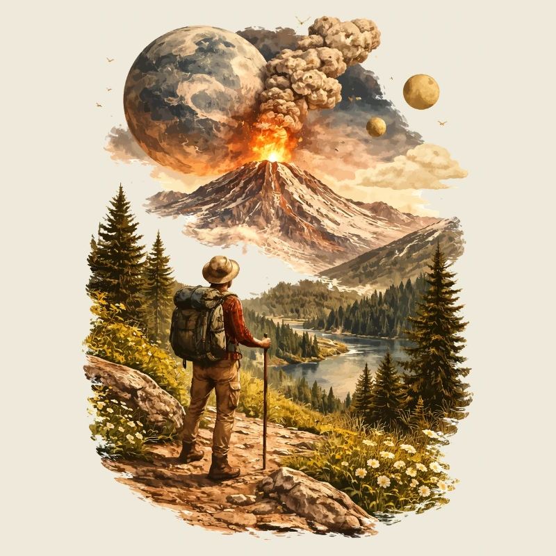 Des randonneurs devant un volcan en éruption et un monde étrange