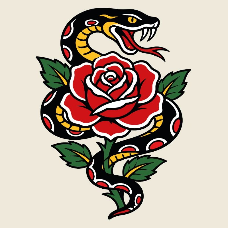 Schlangen- und rote Rosen-Tattoo-Stil