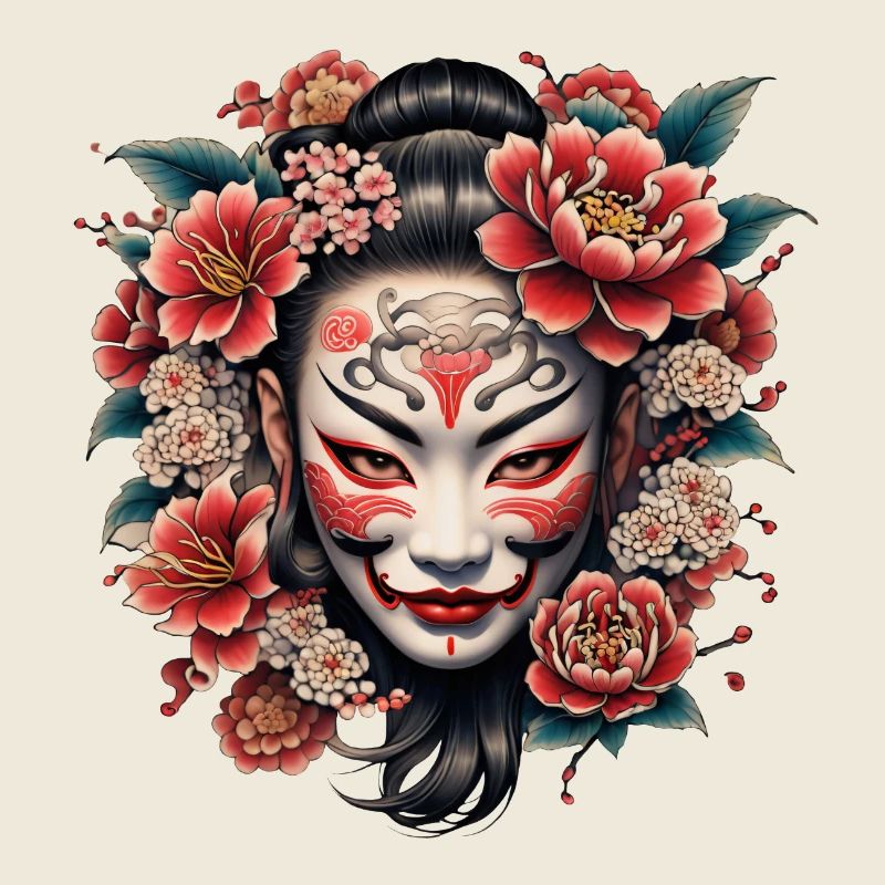 Masque japonais décoré de fleurs.
