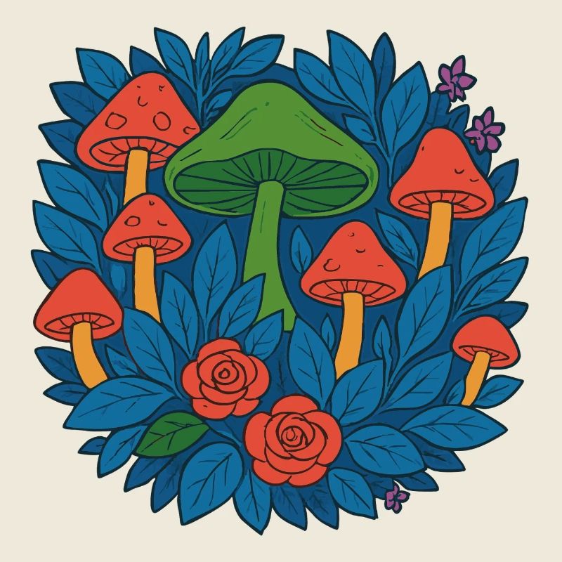 Cercle de champignons de feuilles et de roses