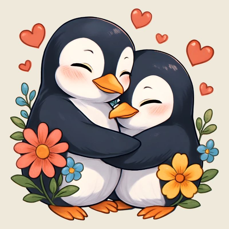 Cuddly Penguin Hug with Flowers