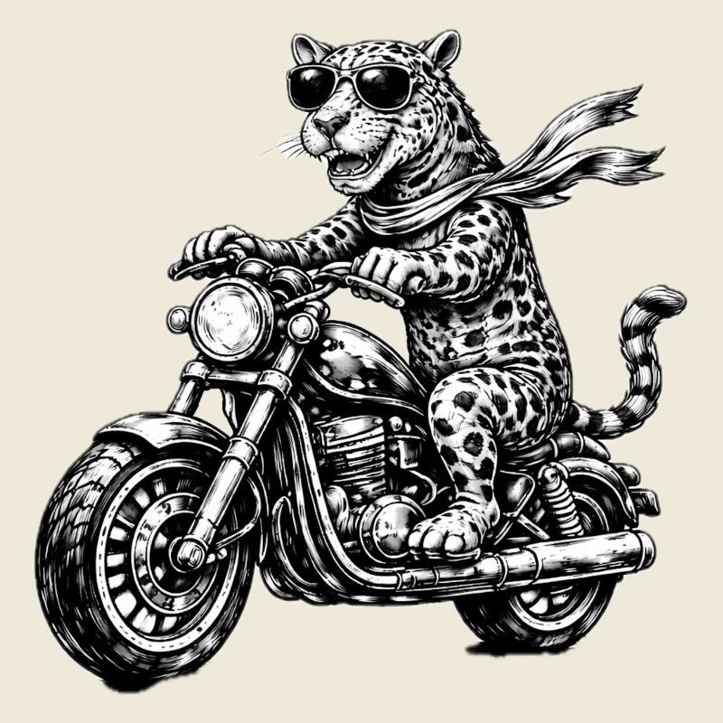 Leopard auf Motorrad mit Sonnenbrille