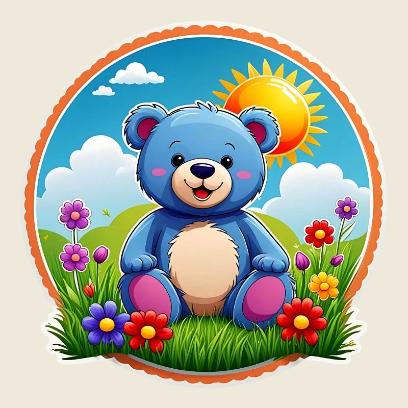 Cute blue teddy bear in the garden sun and clouds