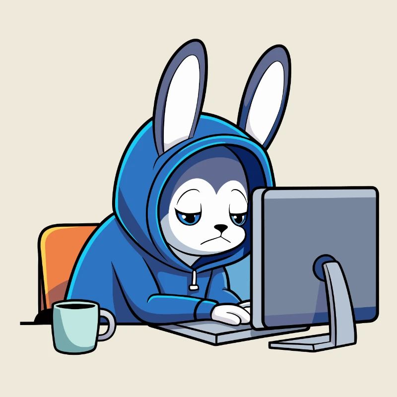Niedlicher Hacker Hase schläft im Hoodie vorm PC