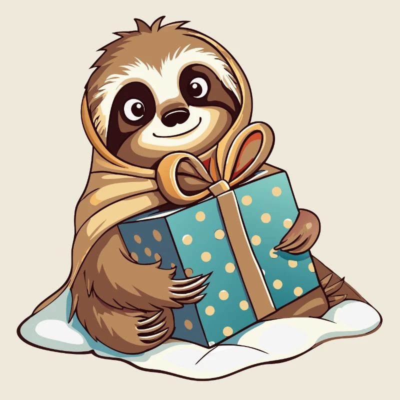 Niedliches Faultier packt Geschenk aus