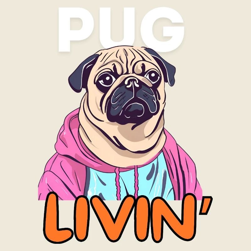 Humorvolle Mops-Karikatur im Kapuzenpullover