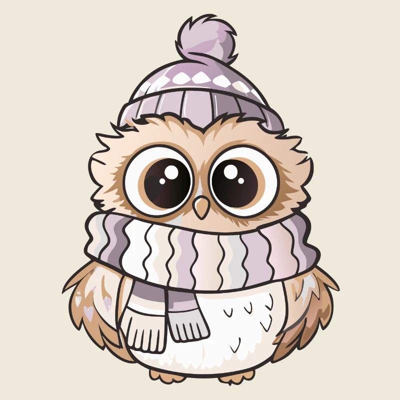 Cute owl with scarf and bobble hat.