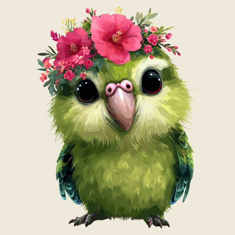 Perroquet de printemps avec couronnes de fleurs