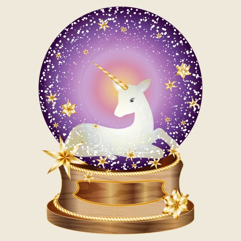 violette Schneekugel mit fantasievollen Einhorn