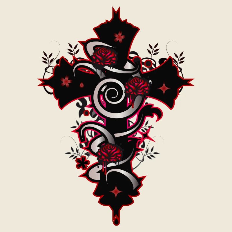 rot schwarzes Gothic Kreuz mit floralen Elementen