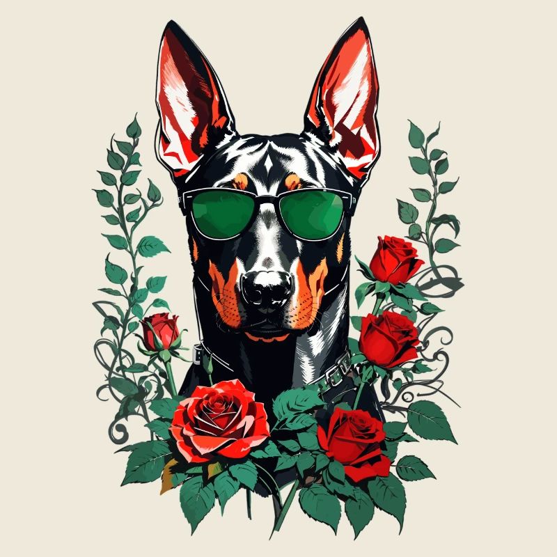 Dobermann mit Rosen