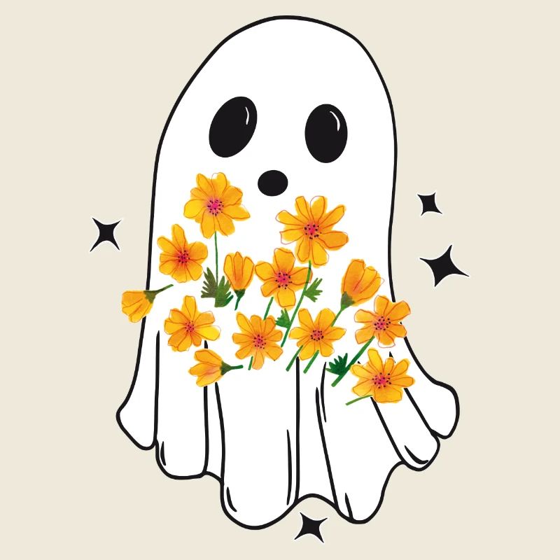 Halloween Ghost, Cute Ghost with Autumn Flowers