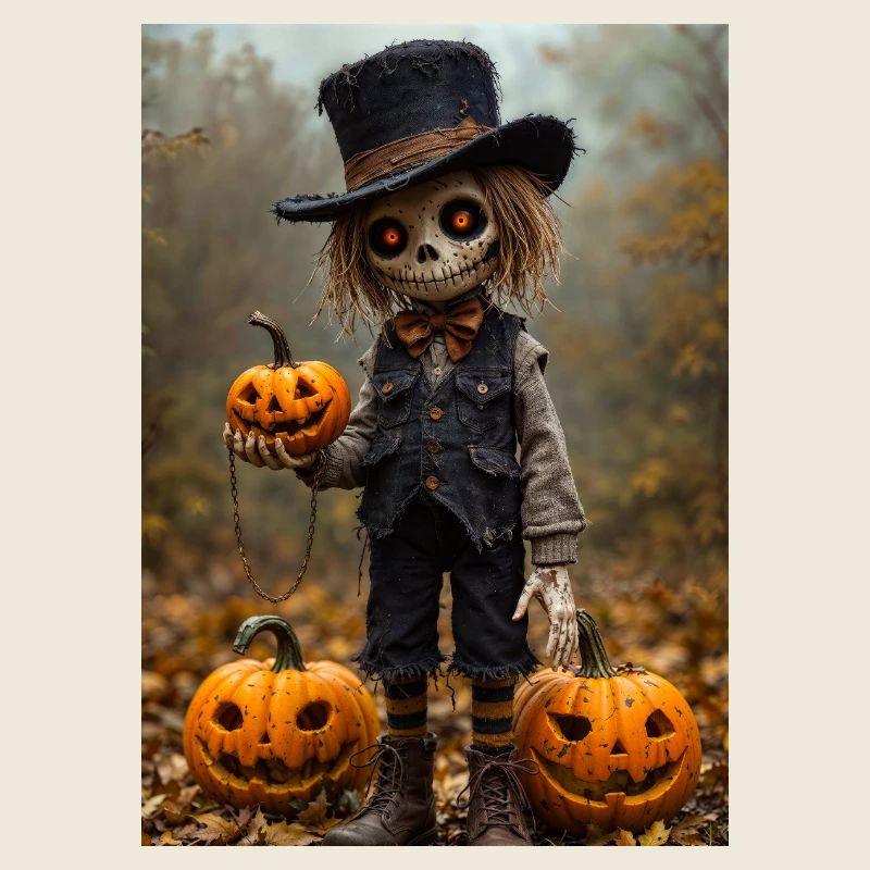 Spukvogelscheuche mit Kürbislaternen