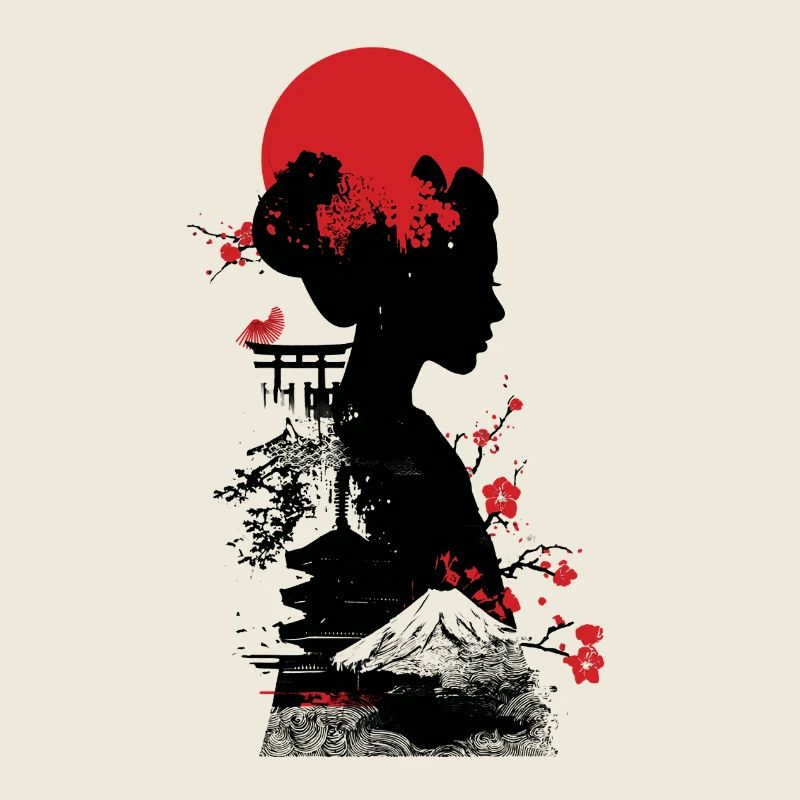 Rote Silhouette mit Sonnenstrahlblüten