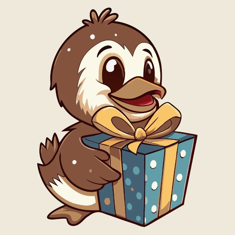 Cute duck unwraps gift