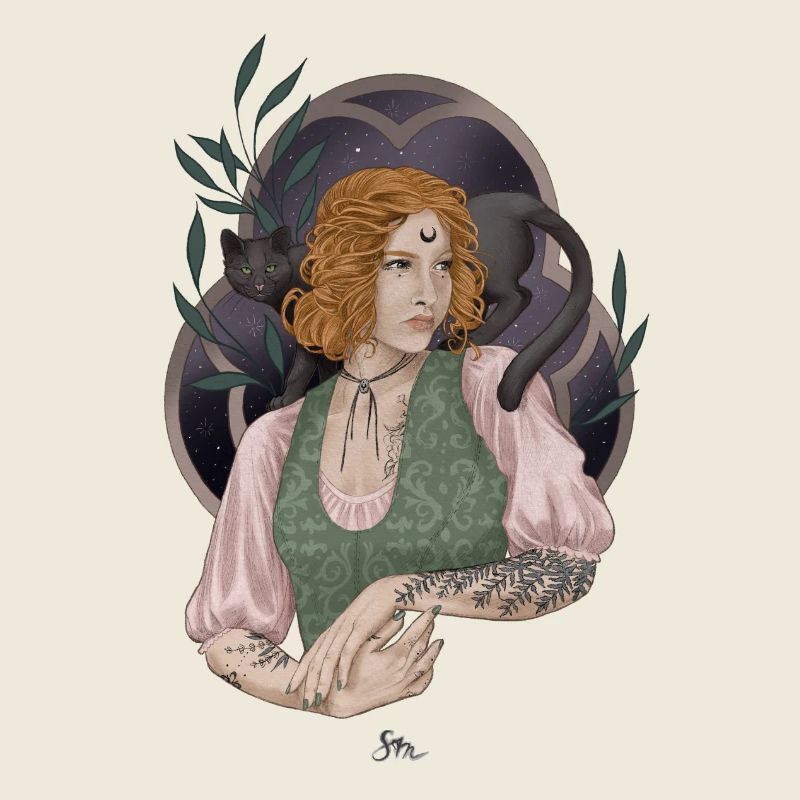 Young herb witch with cat companion