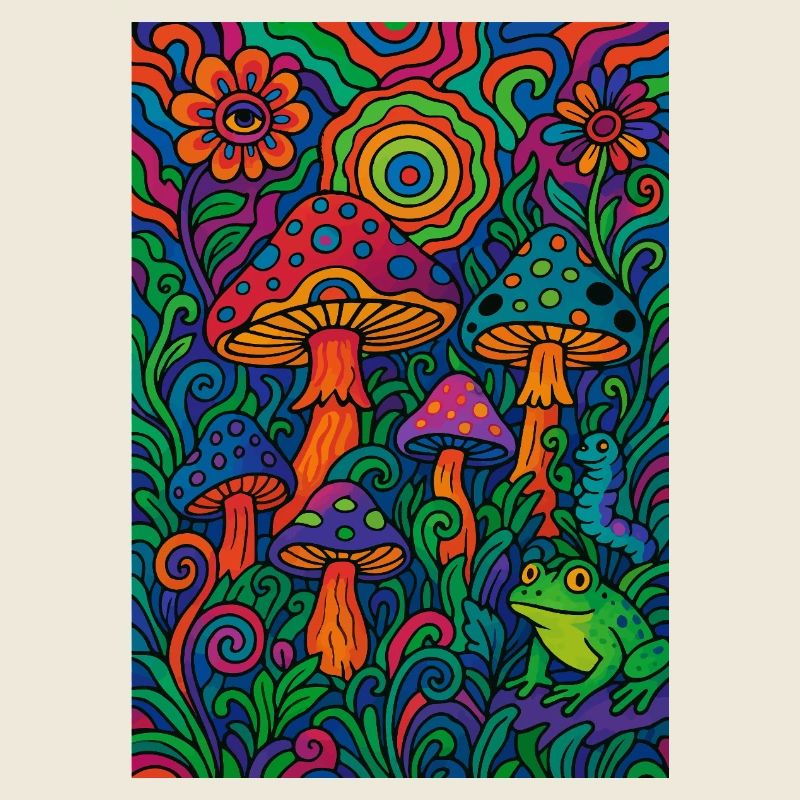 Psychedelic Mushroom Forest – Colorful Retro Artwork