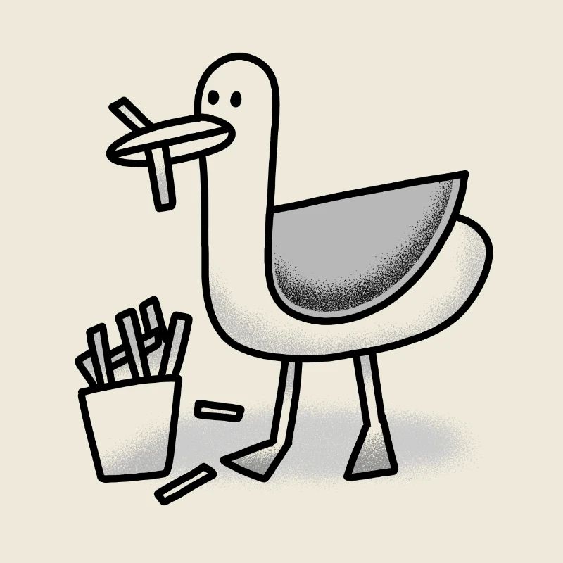 Möwe mit einem Chippy im Schnabel