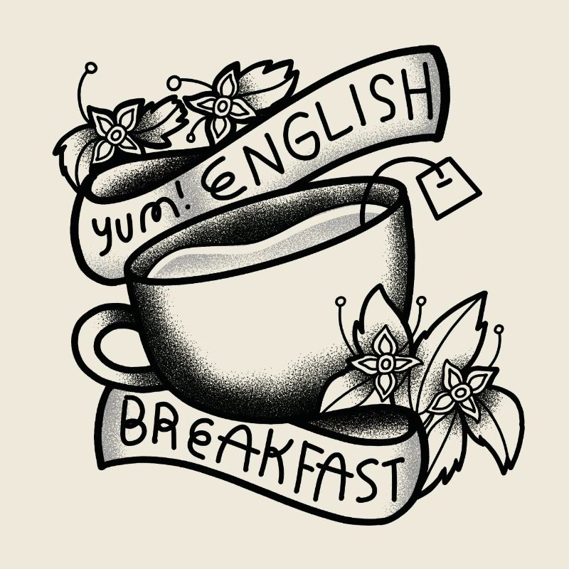 Lecker! Englisches Frühstück mit Tasse und Teebeutel