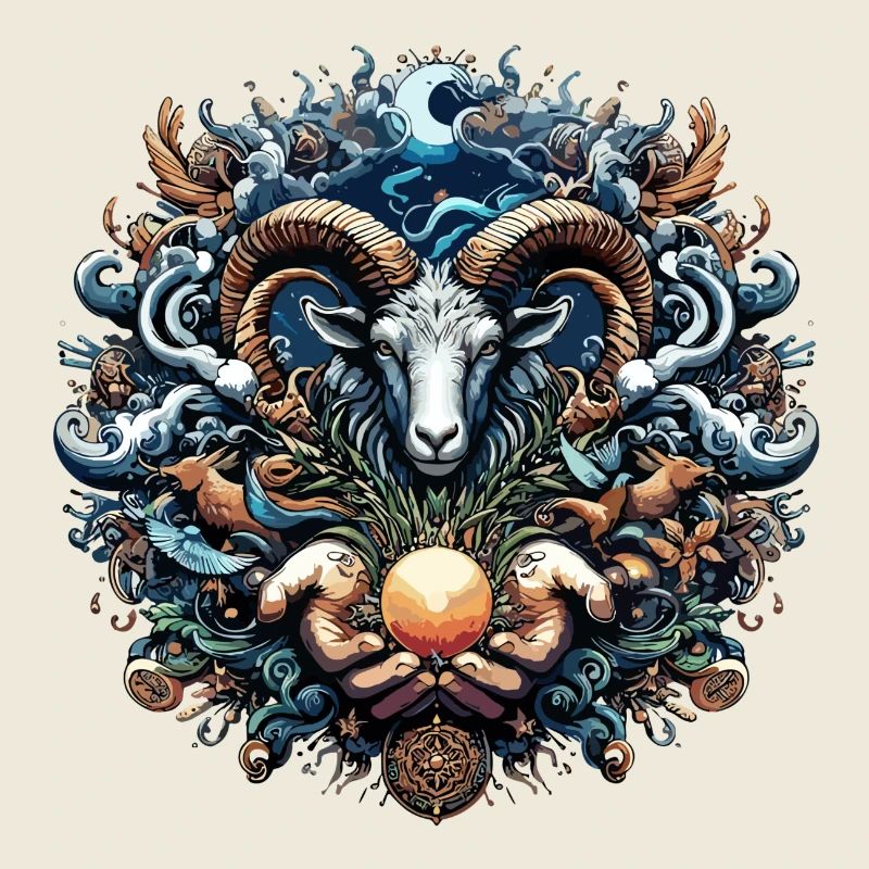 Mystical Ram and Ocean Creatures Illustration