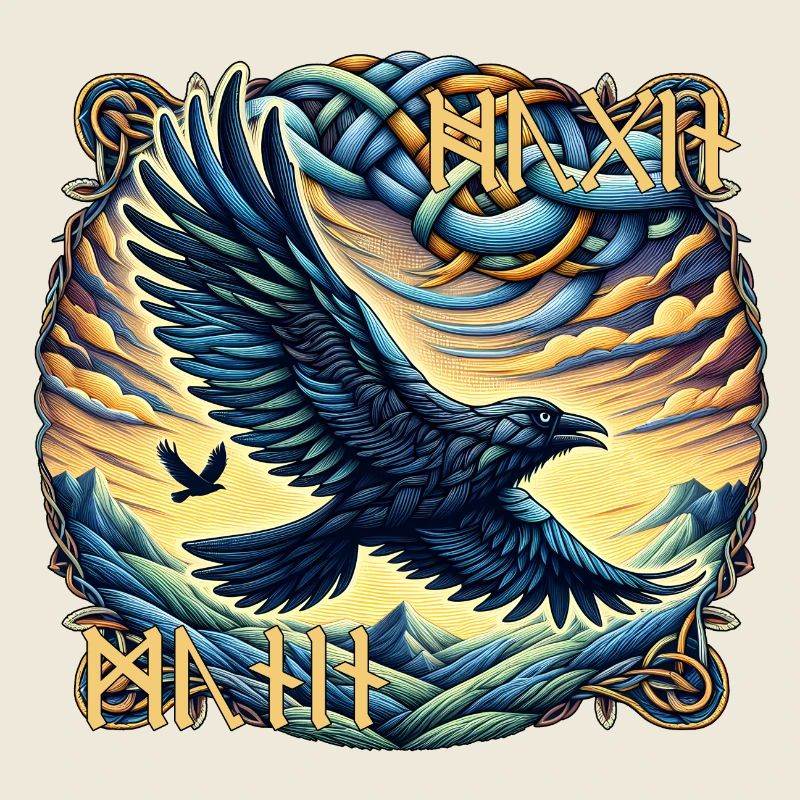 Hugin & Munin - Odin's raven with runic script