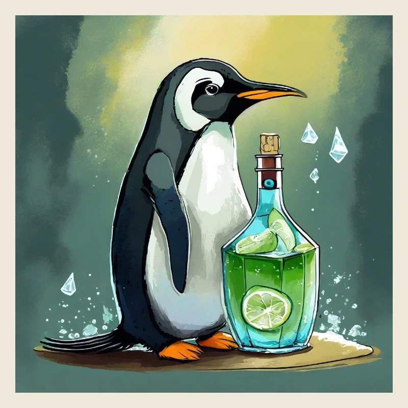 Pinguin mit einer Gin-Tonic-Flasche