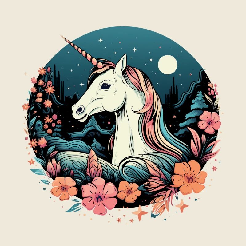 Logo de licorne élégant la nuit avec des fleurs