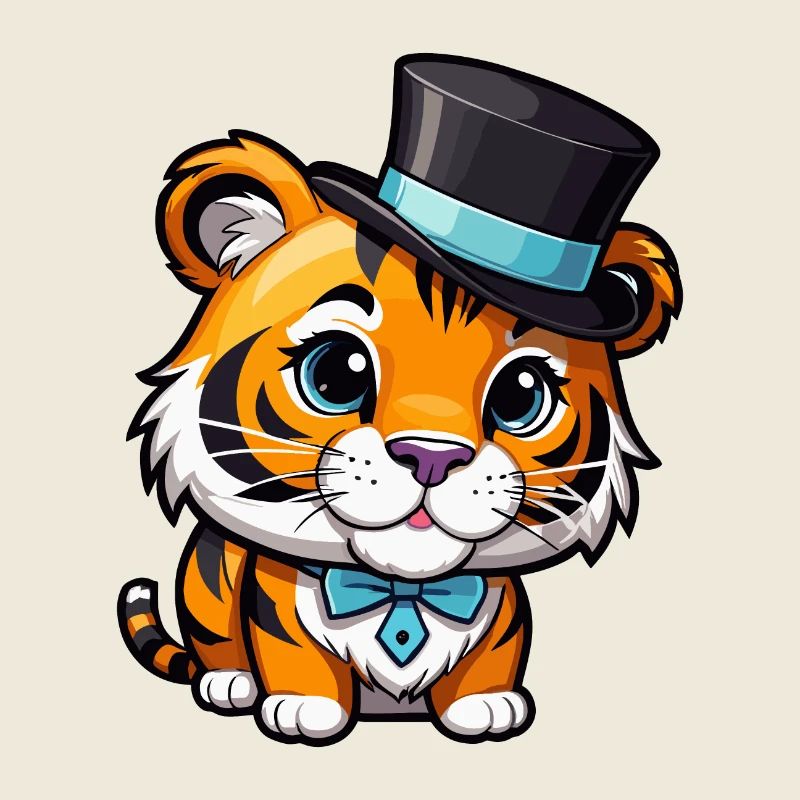 Cute Tiger with a Hat and Bow Tie