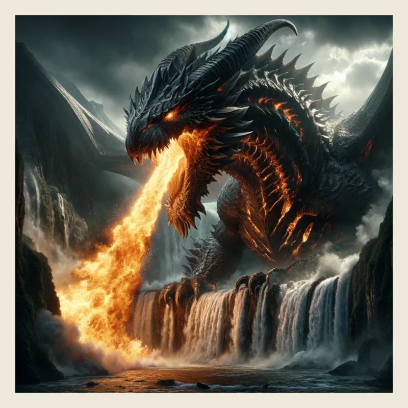 Dragon cracheur de feu dans une cascade