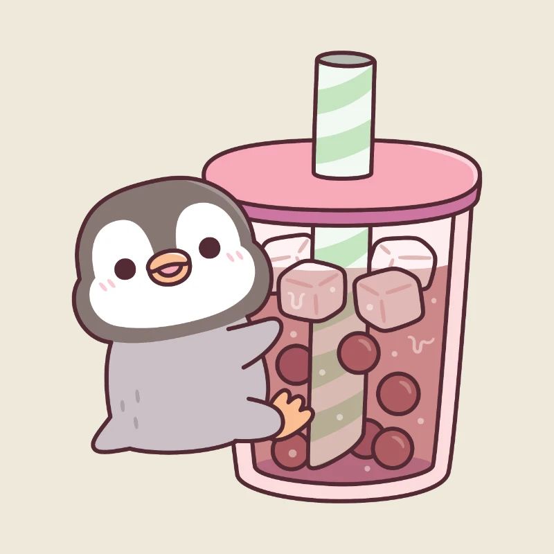 Cute Penguin Hugging Iced Bubble Tea