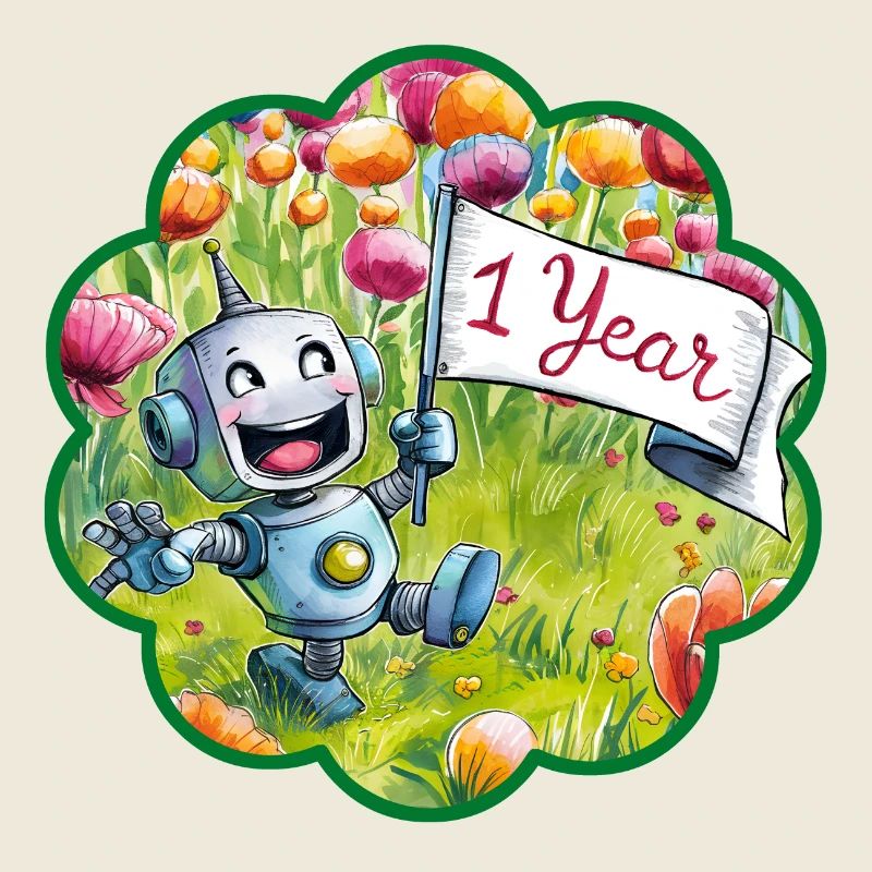 1 Année 1. Robot d’anniversaire sur prairie fleurie. Un