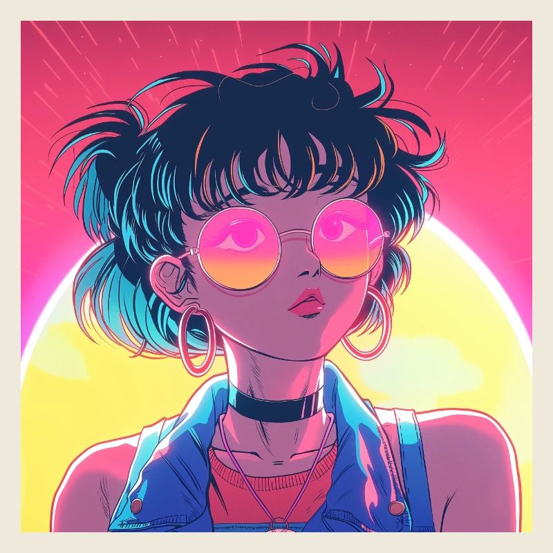 80er Jahre Anime Mädchen beruhigender hochwertiger Modedruck