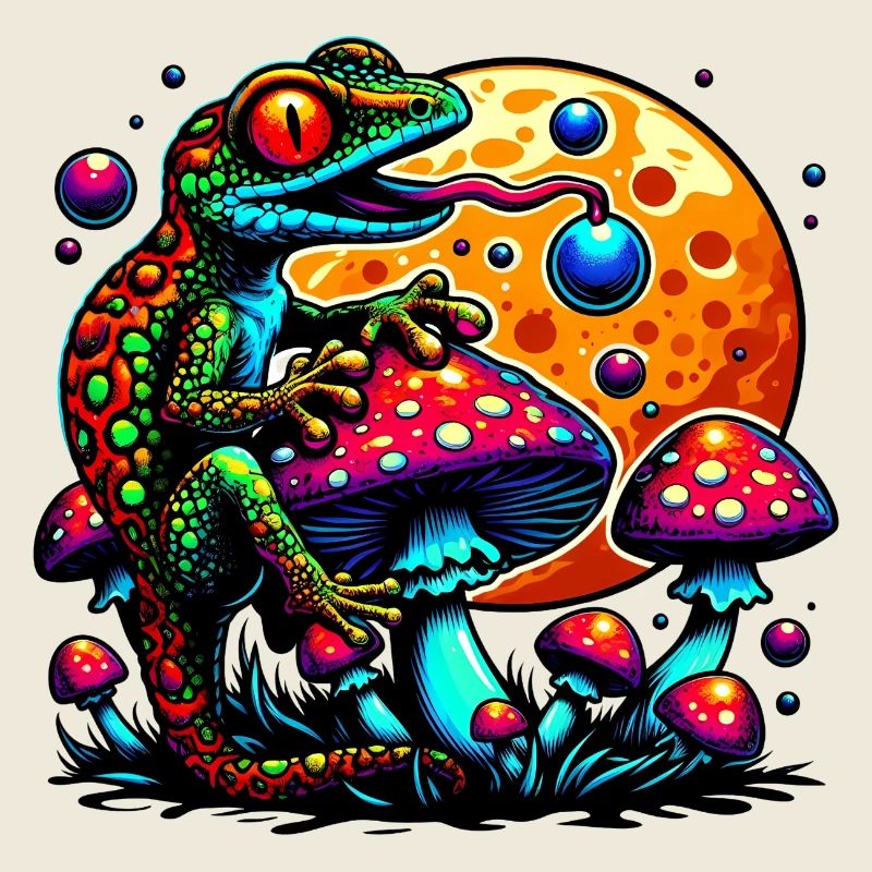 Psychedelic frog with mushrooms