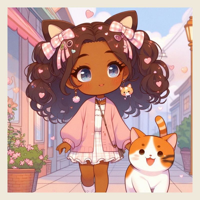 Fille d'animé japonais se promène avec son chat