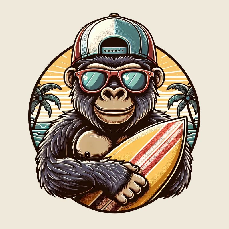 Gorille avec Basecap et lunettes de soleil et planche de surf
