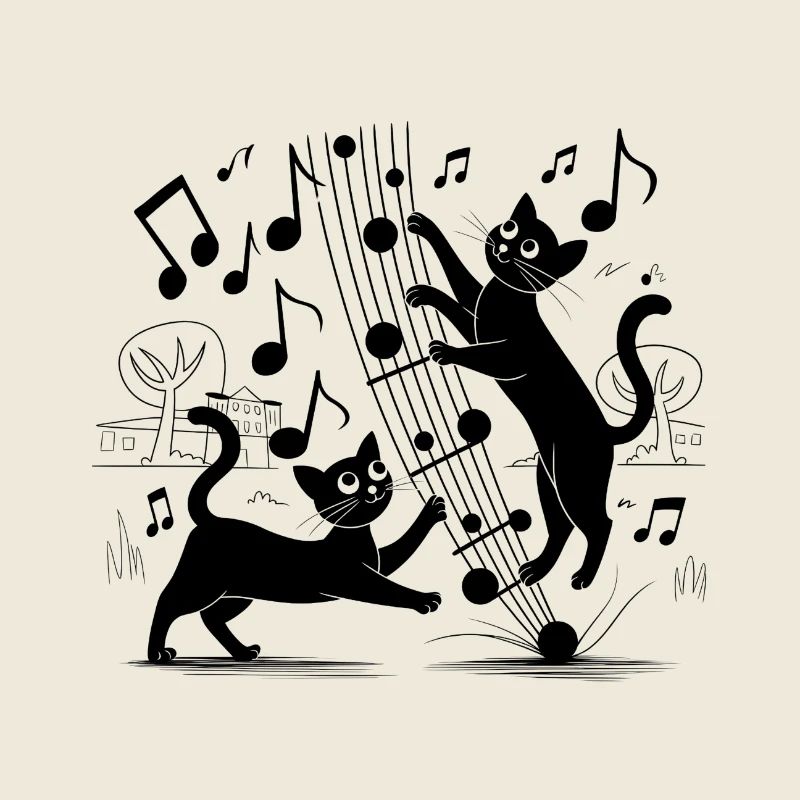Motif chats noirs jouant avec note de musique