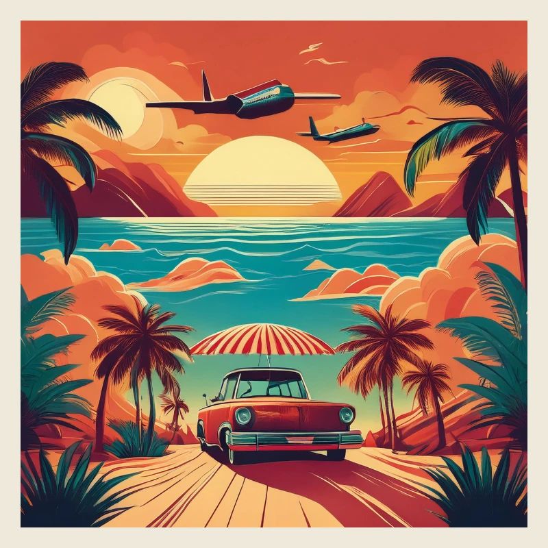 Vintage Beach Sunset with Red Car and Planes